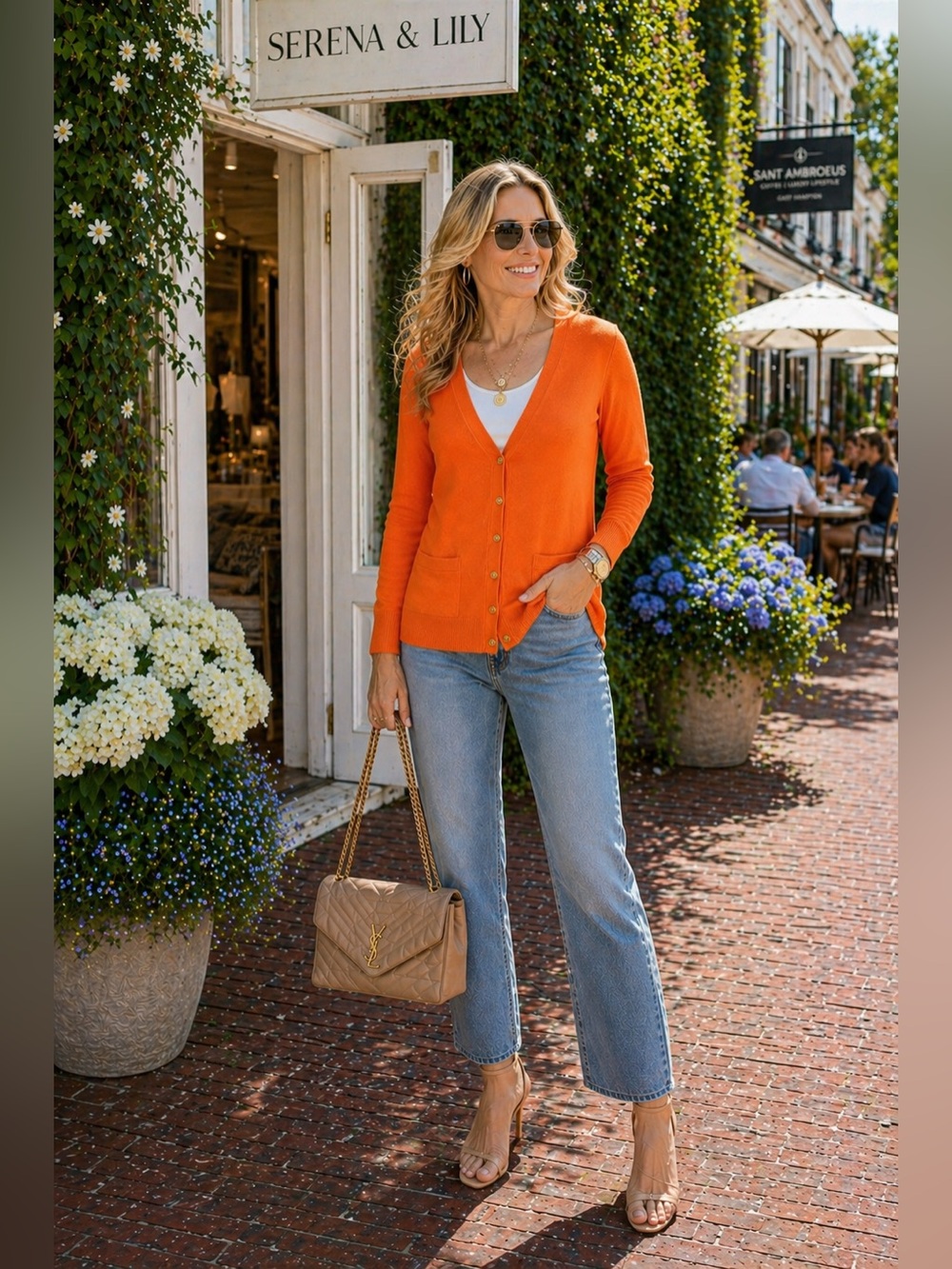BANANA REPUBLIC Orange V-Neck Cardigan with Gold Buttons